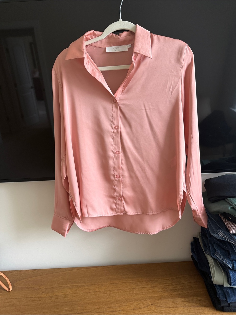 ASTR Soft Pink Button-Down Silk-Look Blouse